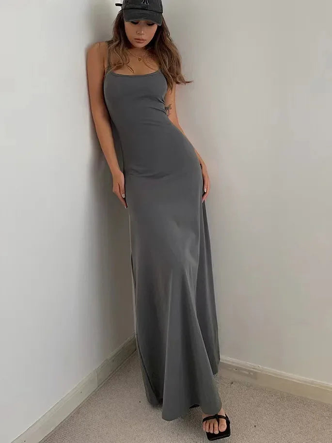 Summer Backless Dress - Slim Waisted Spaghetti Strap Mid-Calf Length Casual Outfit