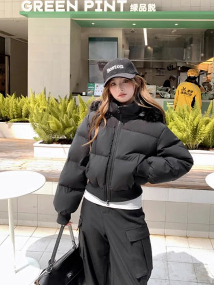 Hooded Puffer Jacket Women Winter Thick Warm Short Coat With Fur Collar Cinched Waist Plush Casual Sweet Streetwear Outerwear