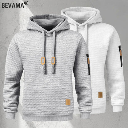 New Autumn Men's Hoodie Waffle Pattern Long Sleeve Sweatshirt Solid Color Casual Warm Pullover Outdoor Sportswear Men's Clothing