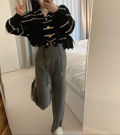 Loose Women's Knitted Cardigan Coat with Big Pockets Striped Splicing Drawstring Hem Single Buttoned Open Front Sweater