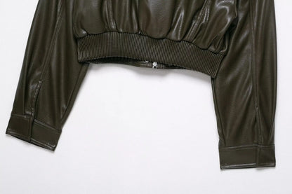 Faux Leather Jackets - Women's Casual Zipper Outerwear Coats With Turtleneck Collar