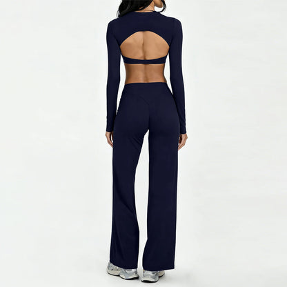 Running Sportswear Women 2 Piece Set Short Cropped Long Sleeve Top Straight Leg Yoga Pants Breathable Quick Dry Gym Suit