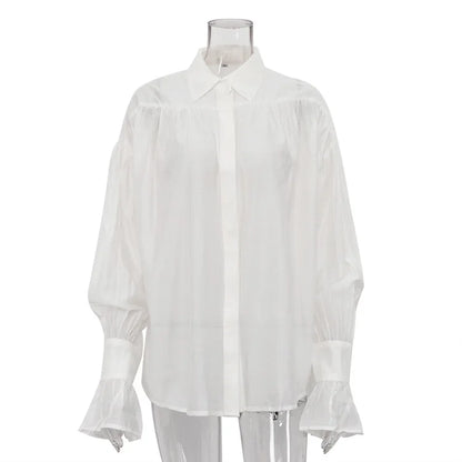 Bornladies Autumn Women's Fashionable Loose Collared Shirt Office Lady Solid Color Versatile Flare Sleeve Top Long Sleeved Shirt