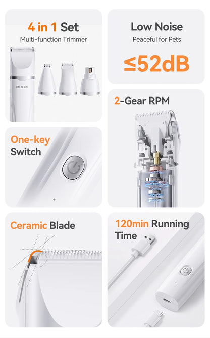 ROJECO Electric Pet Trimmer 4 in 1 Professional Grooming Kit For Dog Cat Hair Multifunctional Dog Trimmer Haircut Shaver Clipper