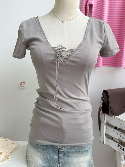 Beige Lace Trim Long Sleeve Tees Women Autumn New Streetwear Cotton Slim Sexy V-neck Lace-up Tops Sweet Simple Chic T-shirts Y2K
