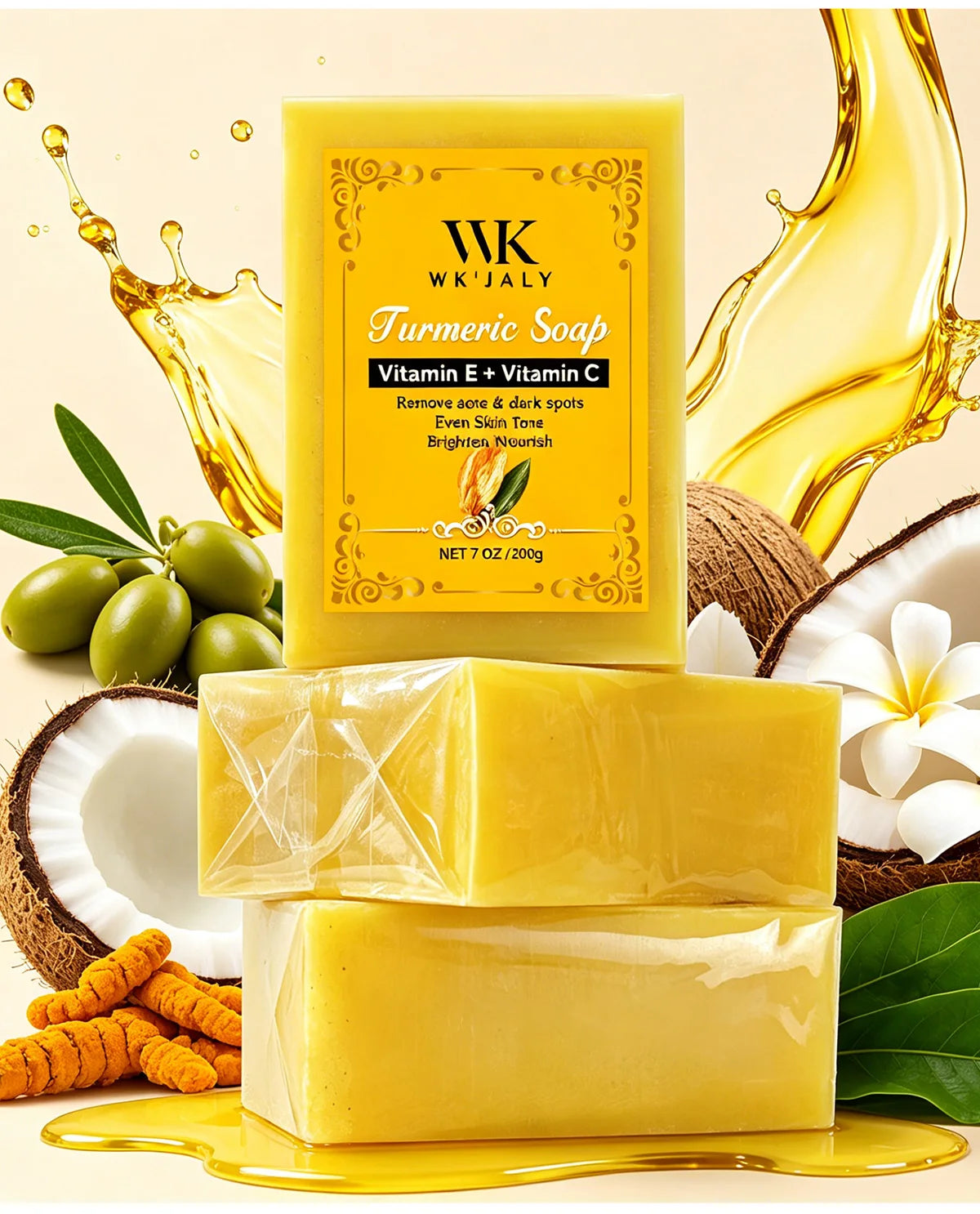 WK JALY Natural Turmeric Soap, Vitamin E + Vitamin C Body Wash, Remove Acne, Dark Spots, Even Skin Tone for Women, 200g/7oz