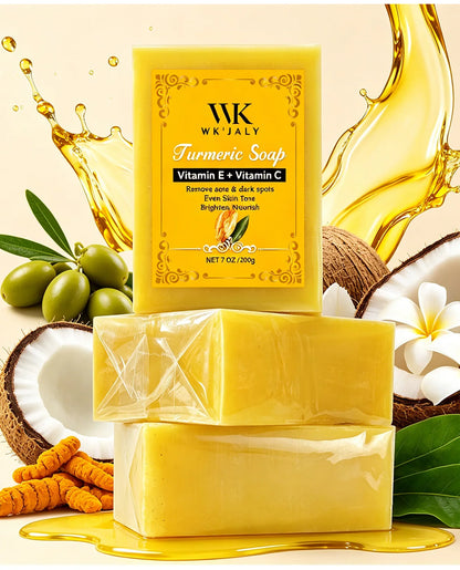 WK JALY Natural Turmeric Soap, Vitamin E + Vitamin C Body Wash, Remove Acne, Dark Spots, Even Skin Tone for Women, 200g/7oz