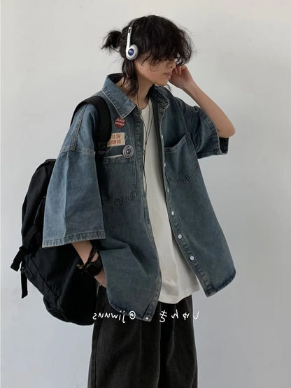 American Cityboy Washed Denim Short Sleeved Shirt Men's Versatile Loose Fitting Shirt Denim Jacket Trendy Coat