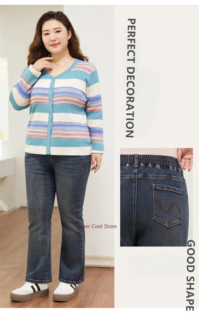 7XL Flared Jeans Bootcut Women 6XL High Elastic Waist Pants Stretched Elegant Plus Size Spring Autumn Female Lady Denim Trousers
