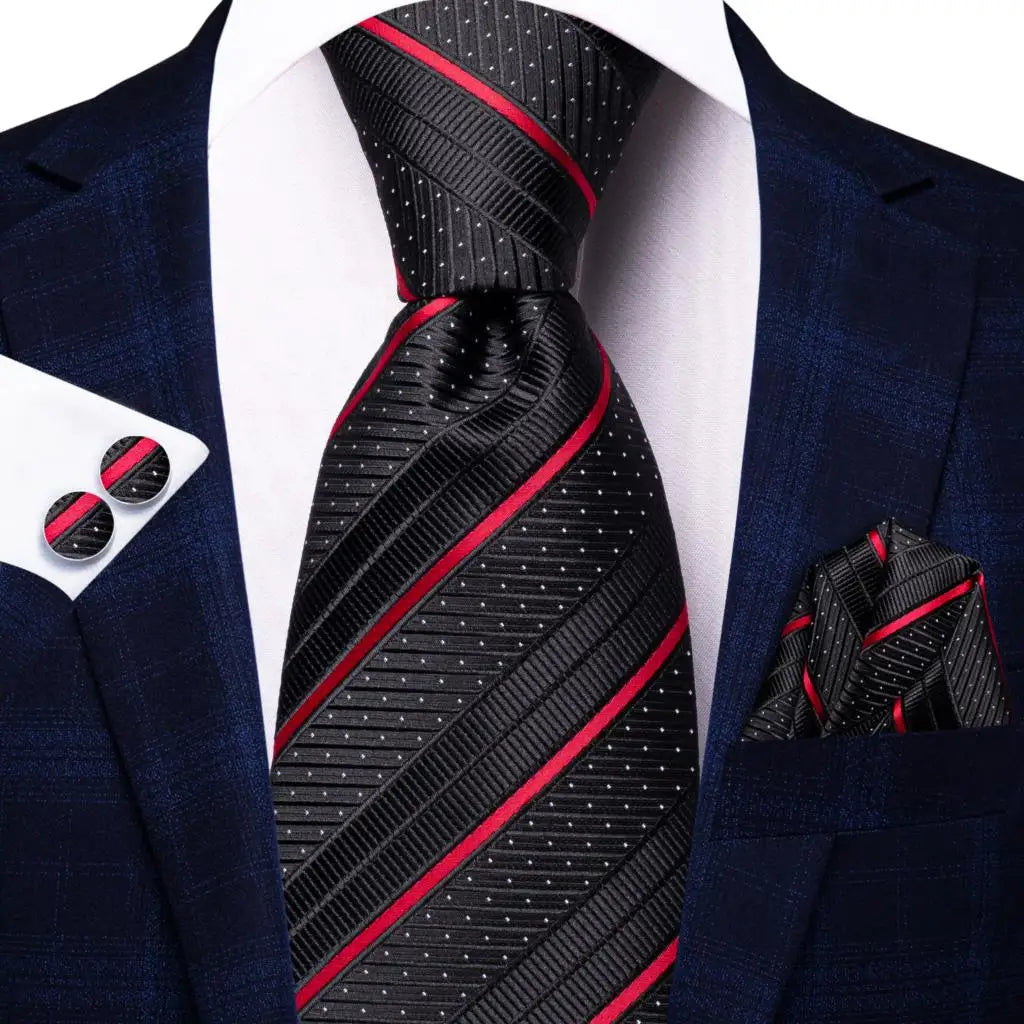 Black Floral Silk Wedding Tie Set - Elegant Necktie with Handkerchief  Cufflinks for Men