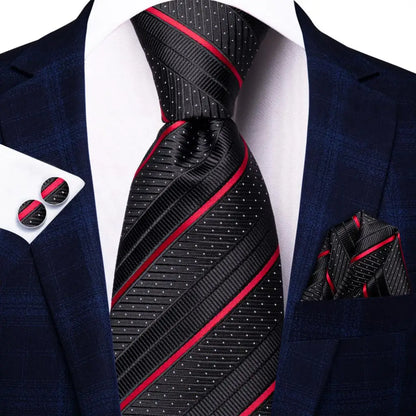 Black Floral Silk Wedding Tie Set - Elegant Necktie with Handkerchief  Cufflinks for Men