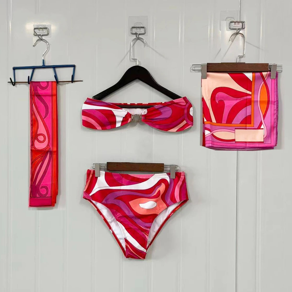 Classic Women's Red Ribbon Scarf Strapless Bikini Sets with Designer Signature Letter Logo Luxury Design Women's Two-Piece Suits