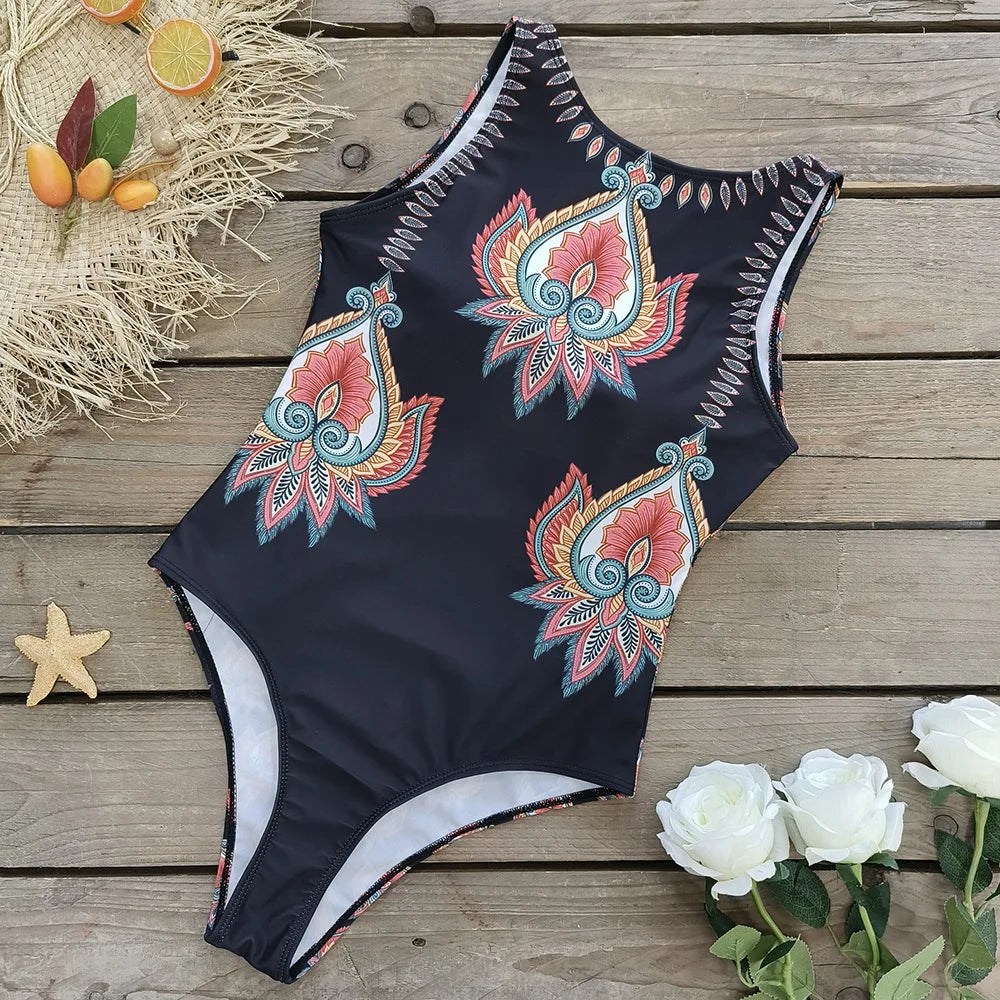 2026 New Printed One-piece Swimsuit Classic Printed Lace Up Swimsuit Women's Push Up Flower One-piece Suit Beach Wear For Female