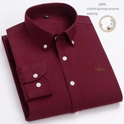 100% Pure Cotton Men's Long Sleeve Shirt Business Casual Solid Color Embroidered Oxford Spun Shirt