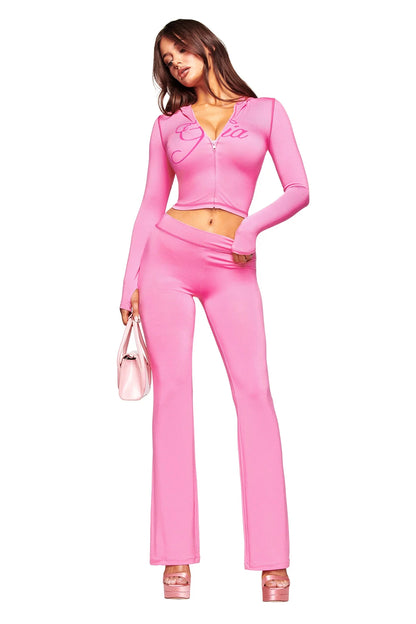Gia neon pink regular shoulder slim-fit letter print topstitching design slim-fit hooded zip-up short jacket and pants set