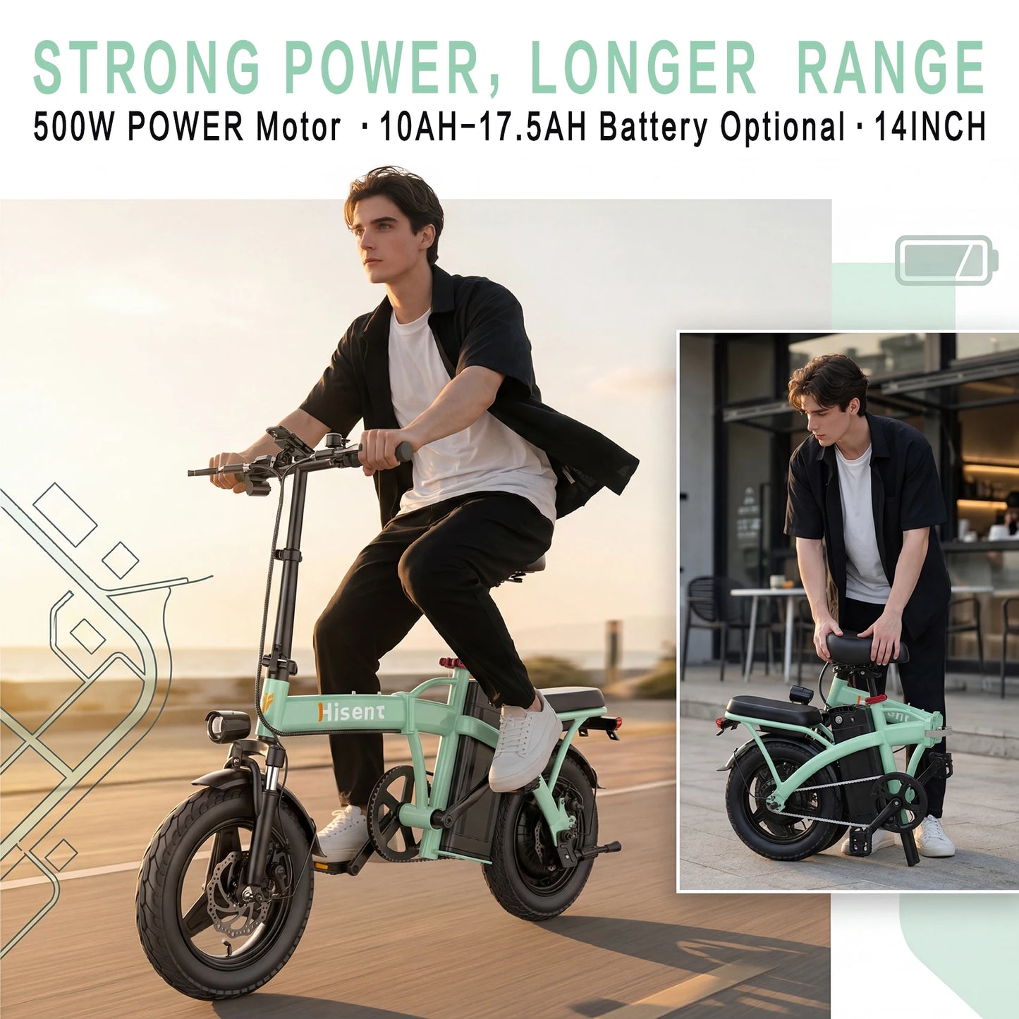 Hisent electric folding bike, 14 inches, 500W brushless motor, 48V 10AH/17.5AH battery available, different models.