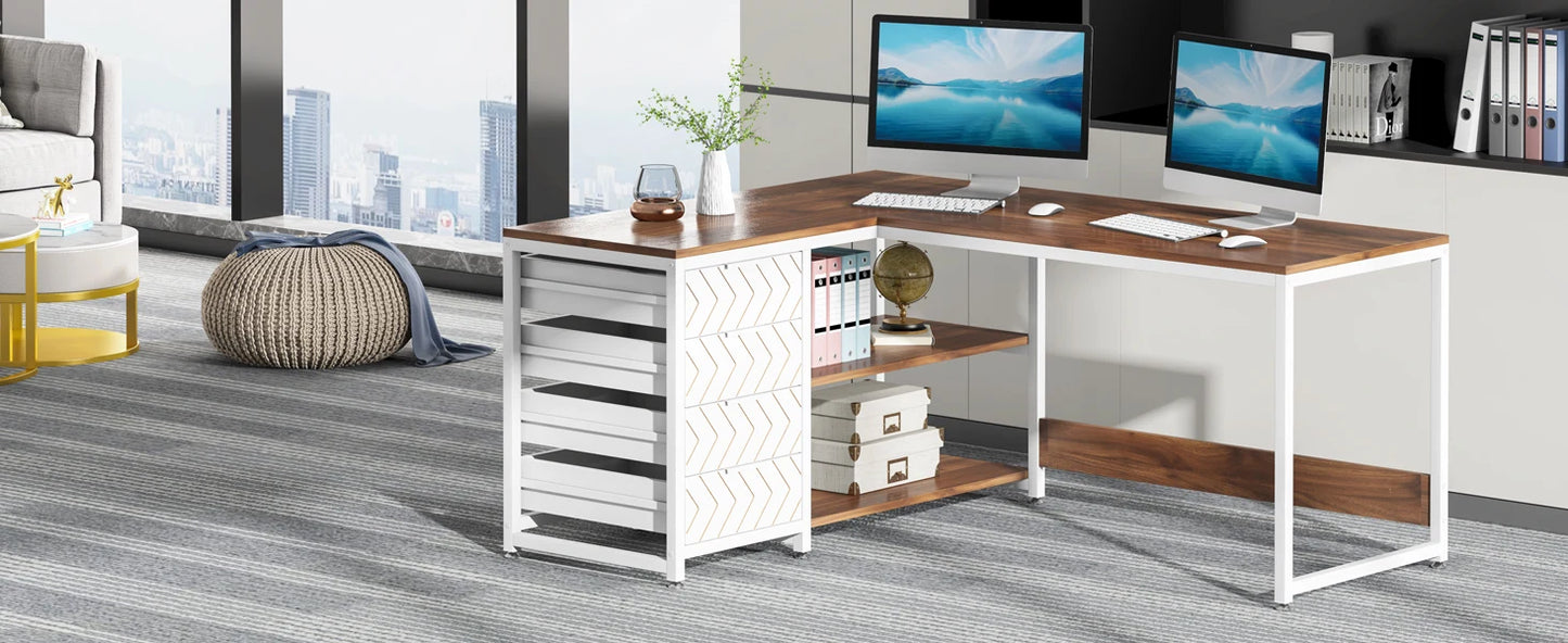 L Shaped Computer Desk - Reversible Corner Office Desk with Drawers & Shelves