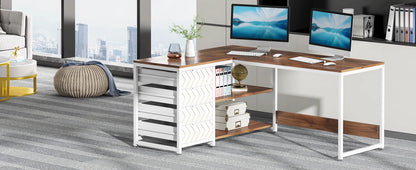 L Shaped Computer Desk - Reversible Corner Office Desk with Drawers & Shelves