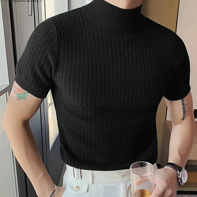 Men's High Neck T-Shirt – Casual Summer Knitted Base Tee | Breathable Polyester Top