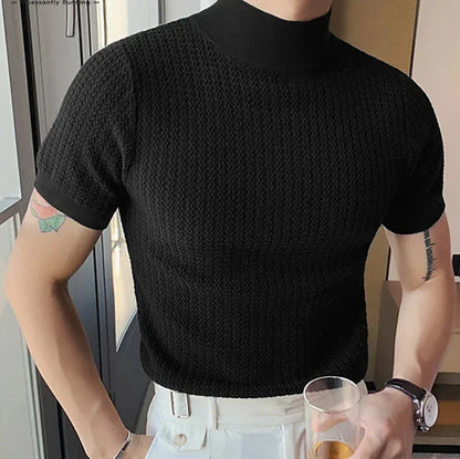 Men's High Neck T-Shirt – Casual Summer Knitted Base Tee | Breathable Polyester Top