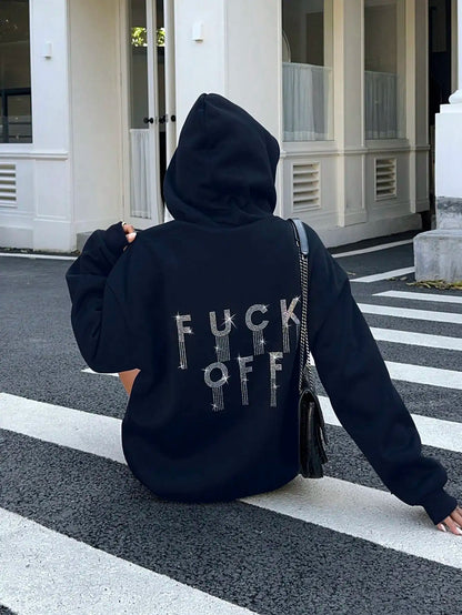 Women's Casual Everyday Rhinestone Letter Graphic Loose Hoodie Sweatshirt, Autumn Thermal  Hoodie Hoodies Women