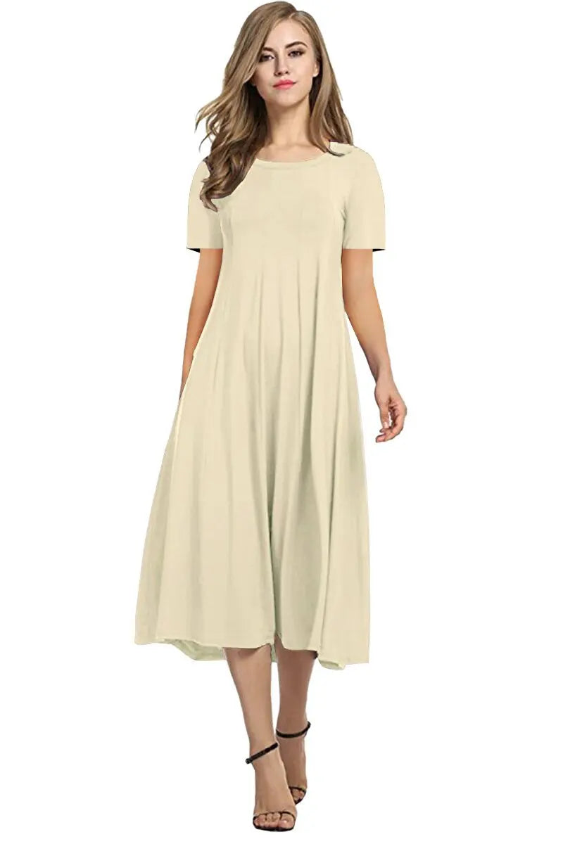 2026 European and American Summer Women's Round Neck Short Sleeve Solid Color Flared Dress