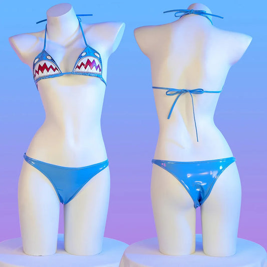 Shark Print Bikini Set - Womens Low Waist PU Swimsuit for Beach Swimwear 2024 - ZOOMNSTORE