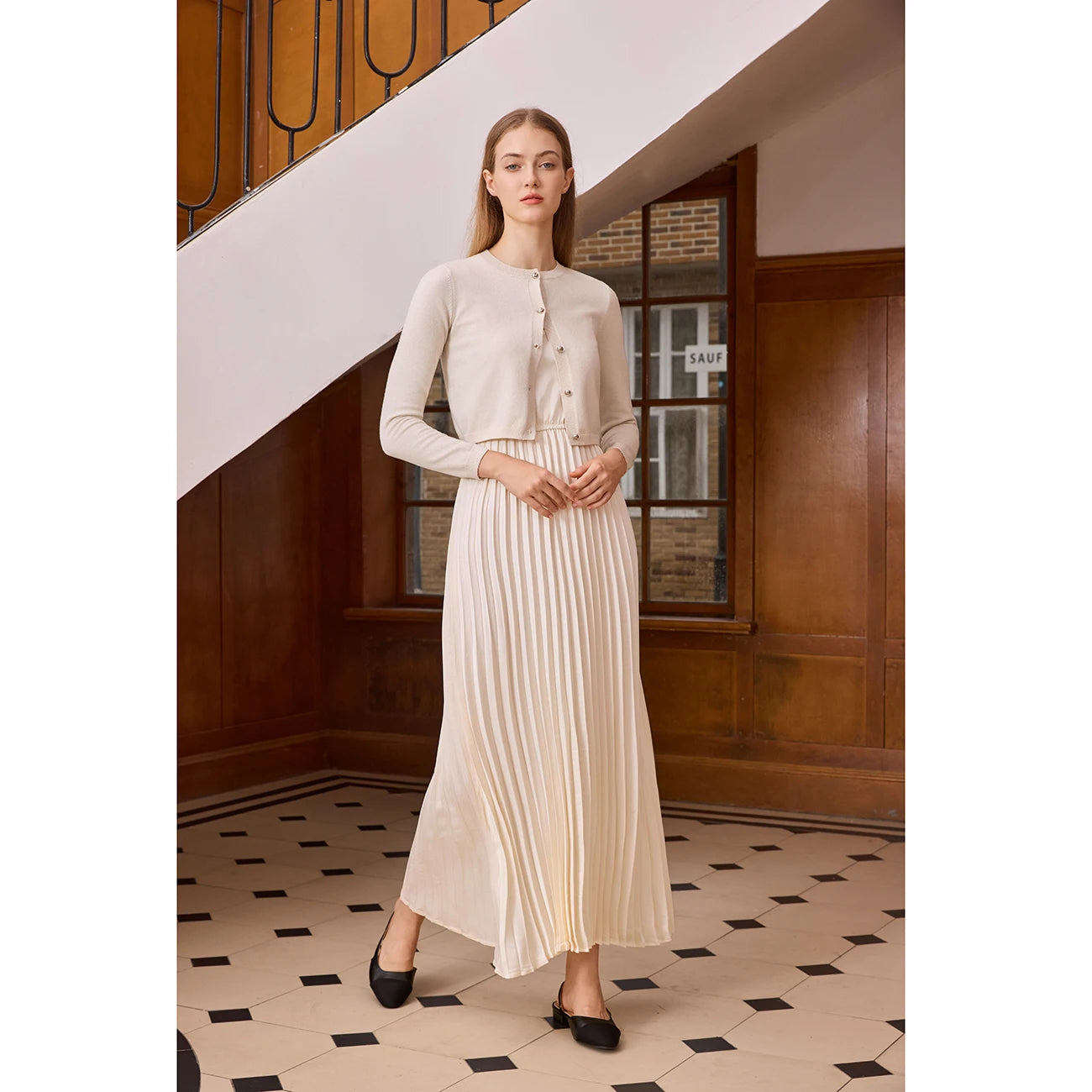 Elegant Womens Shine Cardigan  Pleated Slip Dress - Autumn Winter 2026 Collection - ZOOMNSTORE