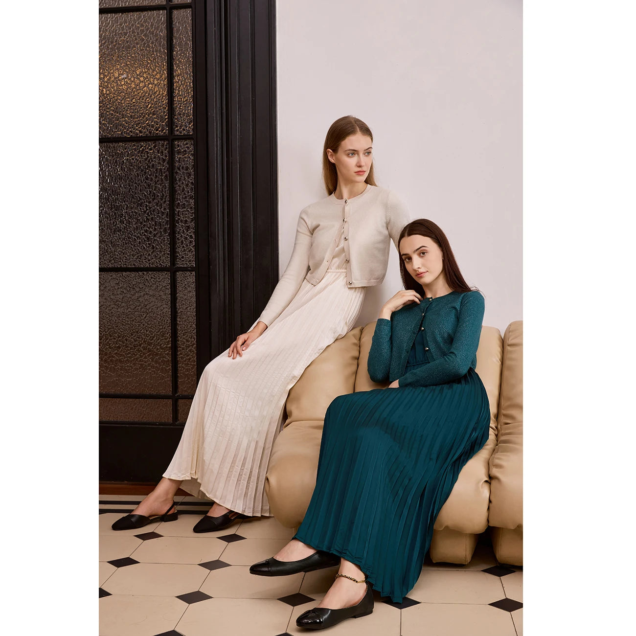 Elegant Womens Shine Cardigan  Pleated Slip Dress - Autumn Winter 2026 Collection - ZOOMNSTORE