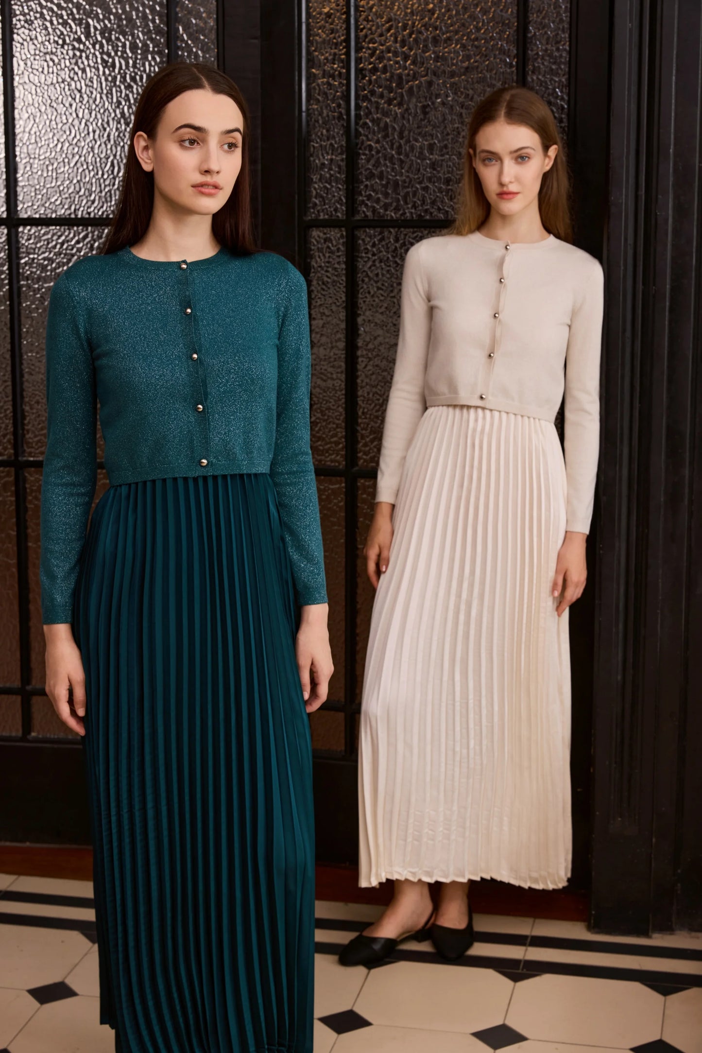 Elegant Womens Shine Cardigan  Pleated Slip Dress - Autumn Winter 2026 Collection - ZOOMNSTORE