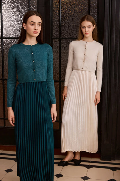 Elegant Womens Shine Cardigan  Pleated Slip Dress - Autumn Winter 2026 Collection - ZOOMNSTORE