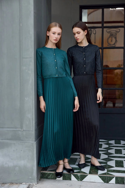 Elegant Womens Shine Cardigan  Pleated Slip Dress - Autumn Winter 2026 Collection - ZOOMNSTORE