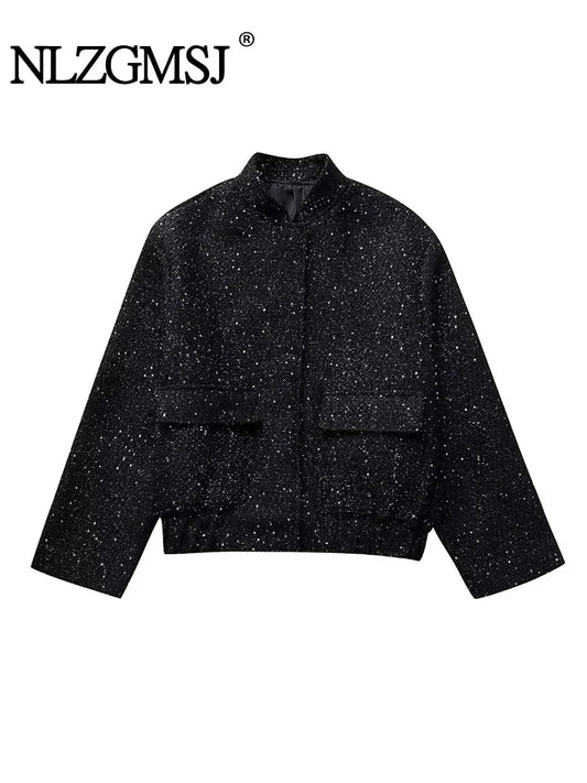 Shiny Sequin Jacket - Y2K Gold Stand Collar Coat for Women - ZOOMNSTORE