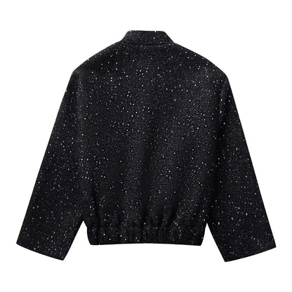 Shiny Sequin Jacket - Y2K Gold Stand Collar Coat for Women - ZOOMNSTORE