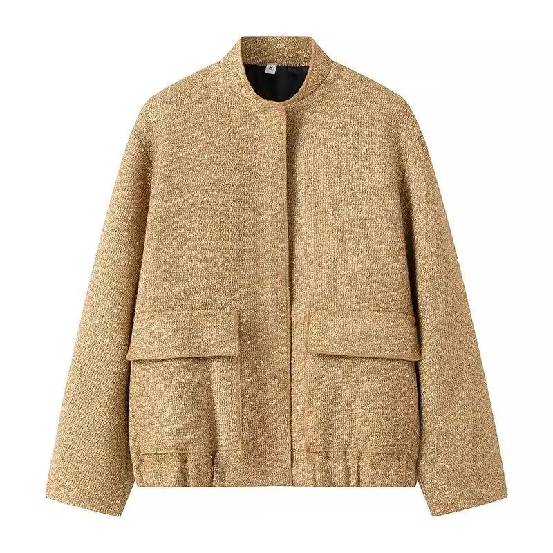 Shiny Sequin Jacket - Y2K Gold Stand Collar Coat for Women - ZOOMNSTORE