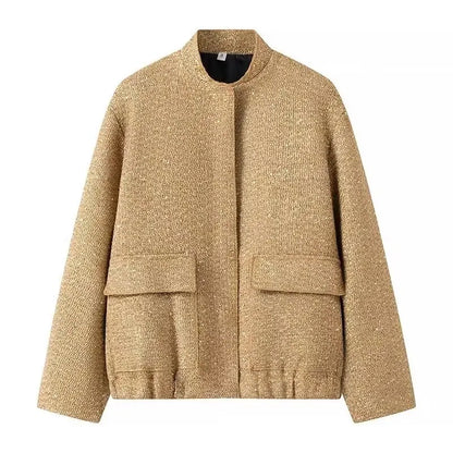 Shiny Sequin Jacket - Y2K Gold Stand Collar Coat for Women - ZOOMNSTORE