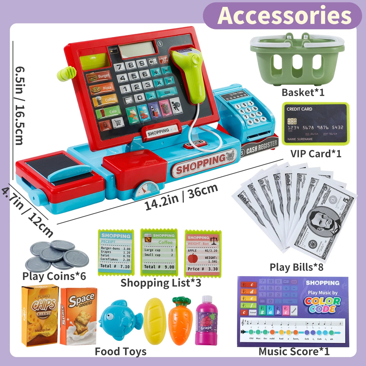 Shopping Cash Register Playset with Real Calculator, Pretend Play Store, Learning Toy, Christmas/Halloween/New Year Gift - ZOOMNSTORE