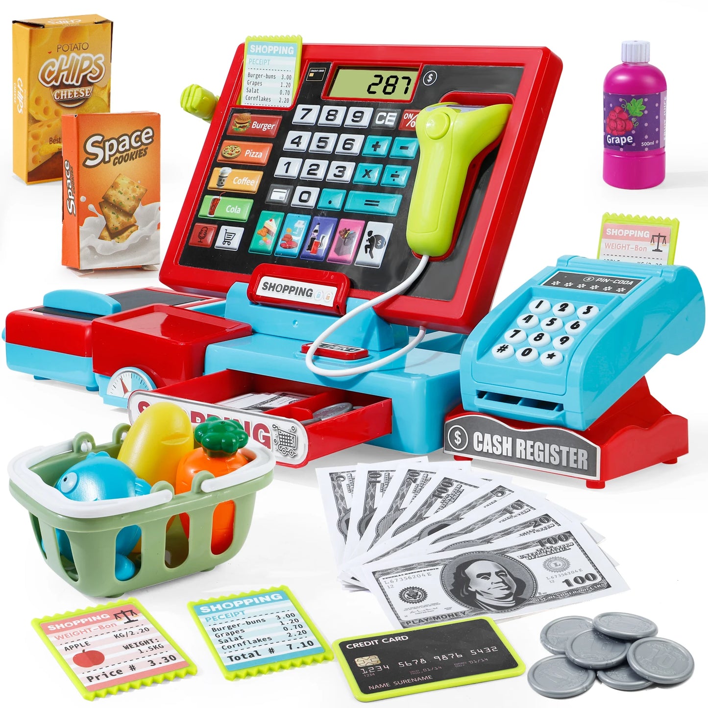 Shopping Cash Register Playset with Real Calculator, Pretend Play Store, Learning Toy, Christmas/Halloween/New Year Gift - ZOOMNSTORE