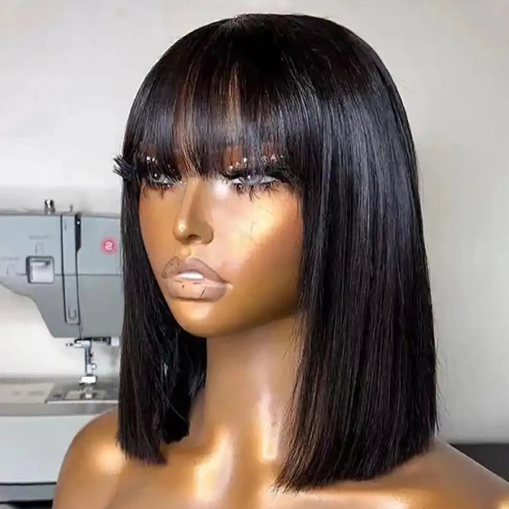 Short Bob Wig – Human Hair Straight Bang Bob with 180% Density for Women - ZOOMNSTORE