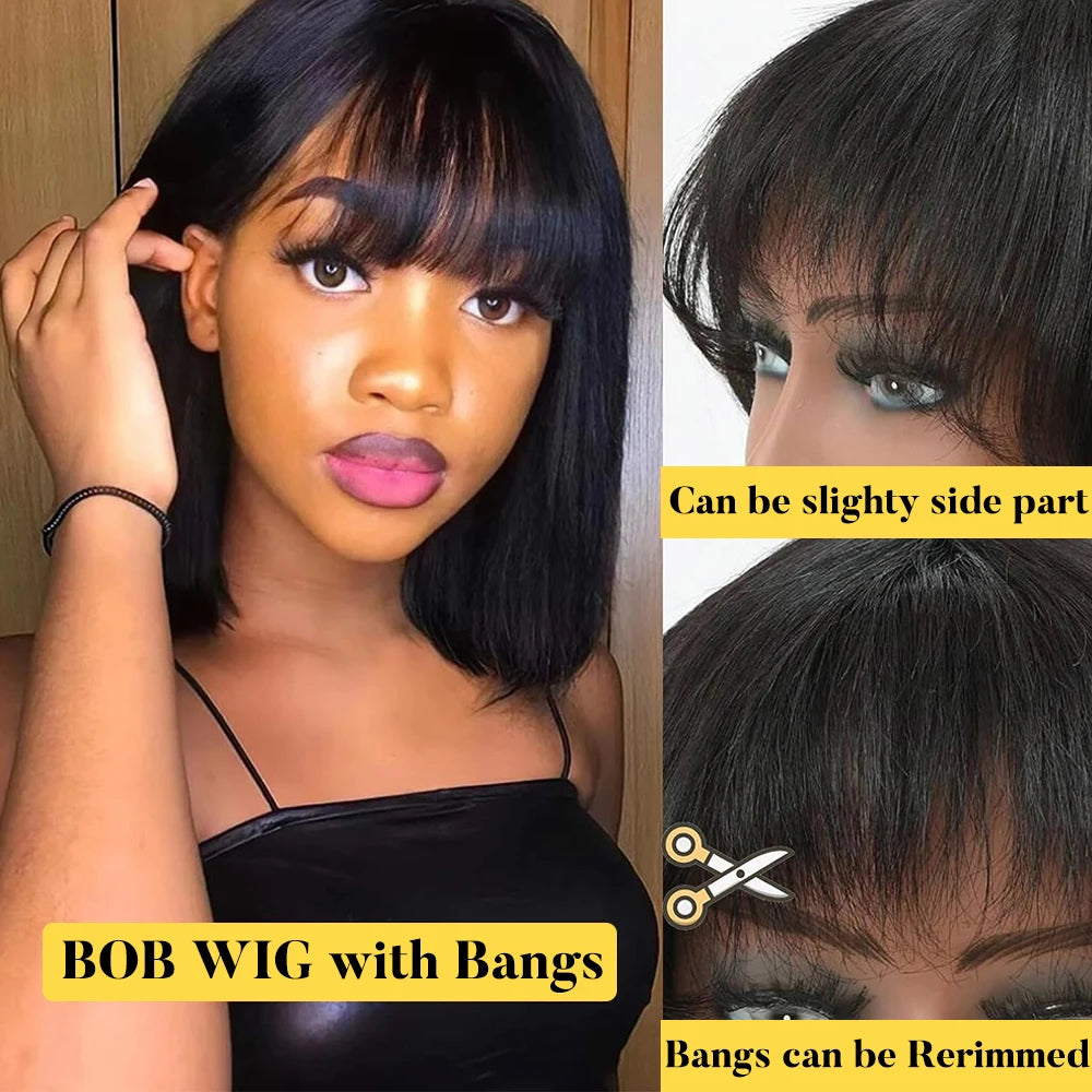 Short Bob Wig – Human Hair Straight Bang Bob with 180% Density for Women - ZOOMNSTORE