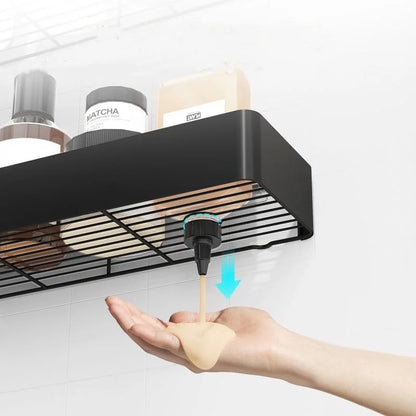 Black Shower Storage Rack - Wall-Mounted Bathroom Organizer Shelf with Hooks - ZOOMNSTORE