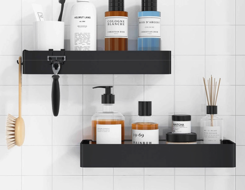 Black Shower Storage Rack - Wall-Mounted Bathroom Organizer Shelf with Hooks - ZOOMNSTORE