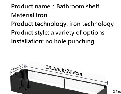 Black Shower Storage Rack - Wall-Mounted Bathroom Organizer Shelf with Hooks - ZOOMNSTORE