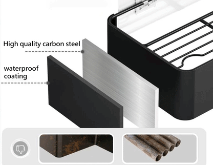 Black Shower Storage Rack - Wall-Mounted Bathroom Organizer Shelf with Hooks - ZOOMNSTORE