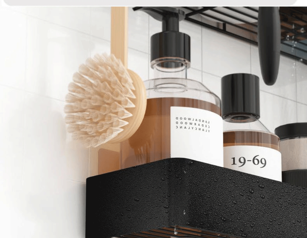 Black Shower Storage Rack - Wall-Mounted Bathroom Organizer Shelf with Hooks - ZOOMNSTORE