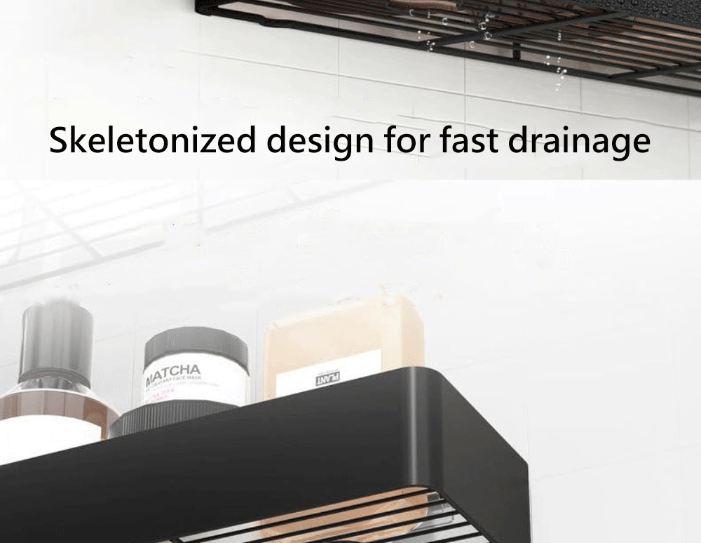 Black Shower Storage Rack - Wall-Mounted Bathroom Organizer Shelf with Hooks - ZOOMNSTORE