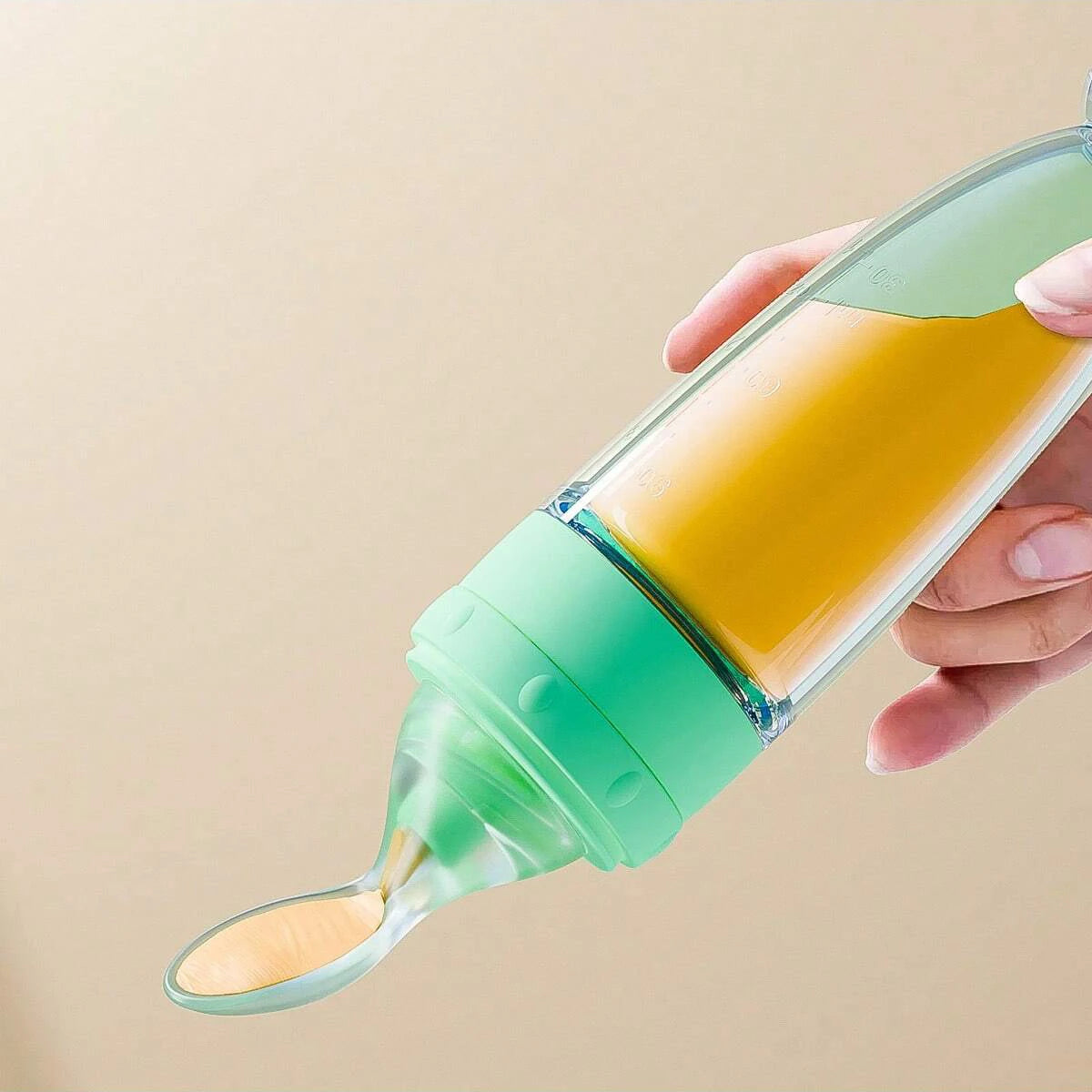 New 90ml/3OZ Colorful Silicone Baby Bottle Feeder with Soft Spoon, Suction Cup and Dust Cap, Portable Squeeze Feeding Bottle - ZOOMNSTORE