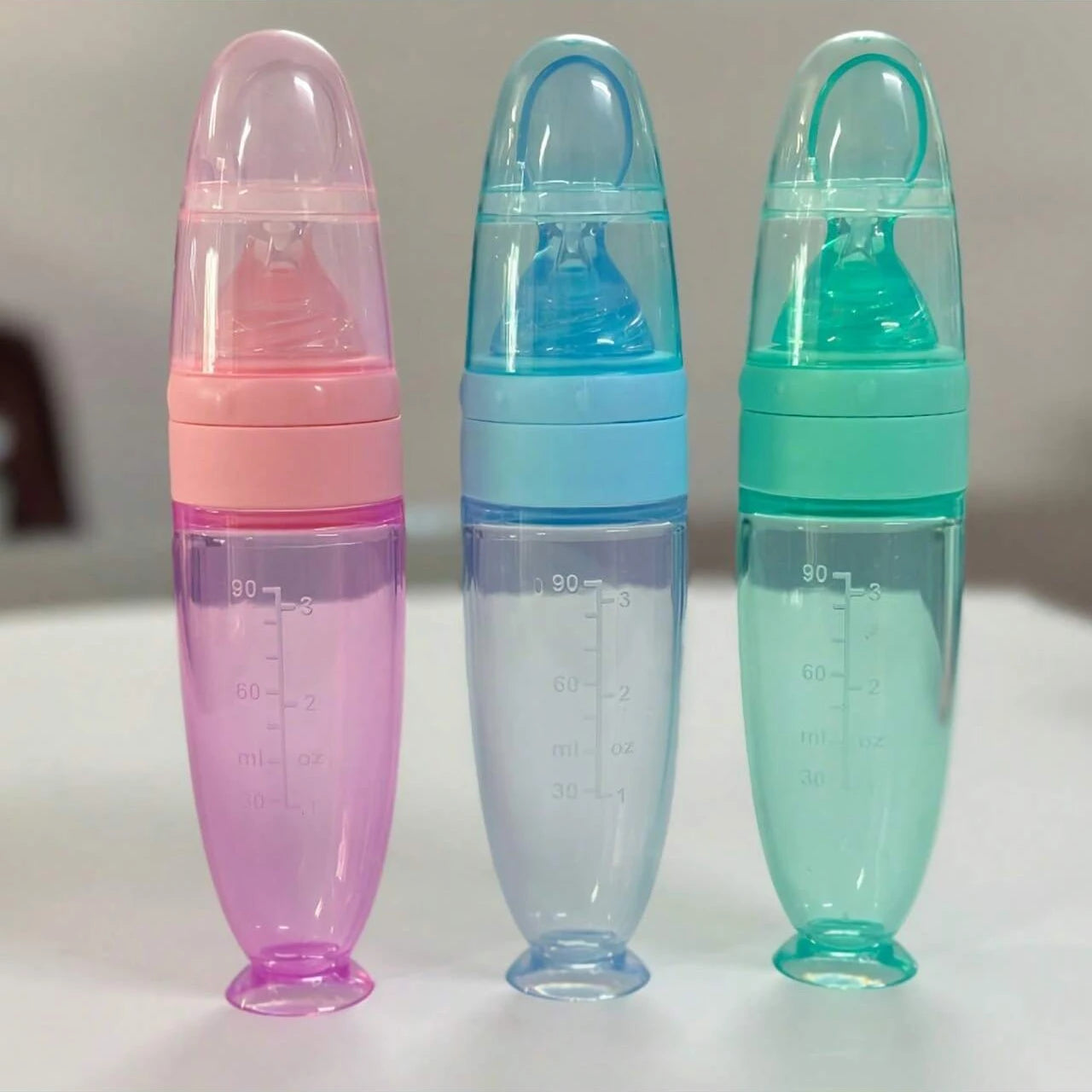 New 90ml/3OZ Colorful Silicone Baby Bottle Feeder with Soft Spoon, Suction Cup and Dust Cap, Portable Squeeze Feeding Bottle - ZOOMNSTORE