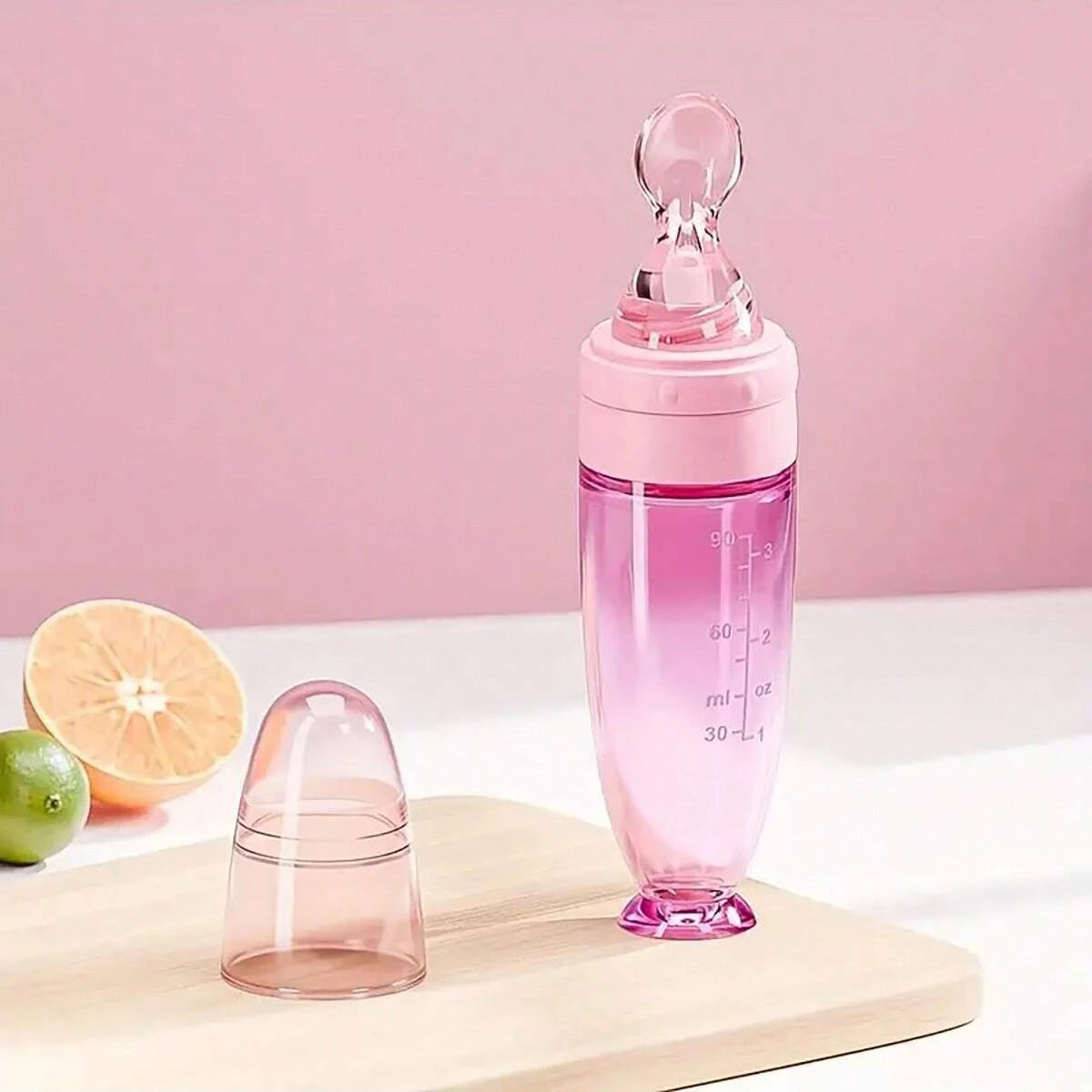 New 90ml/3OZ Colorful Silicone Baby Bottle Feeder with Soft Spoon, Suction Cup and Dust Cap, Portable Squeeze Feeding Bottle - ZOOMNSTORE