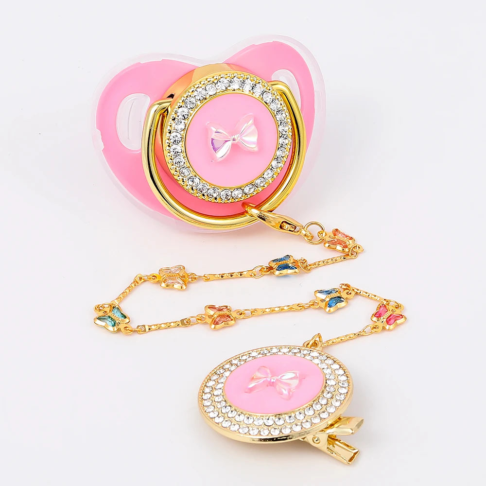 Silicone Baby Pacifier - Gold Bling Infant Soother with Handmade Clip Chain - ZOOMNSTORE